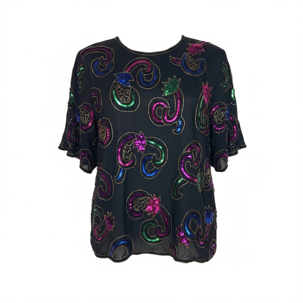 Laurence Kazar Black Beaded Paisley Top with Multicolor Sequin Accents